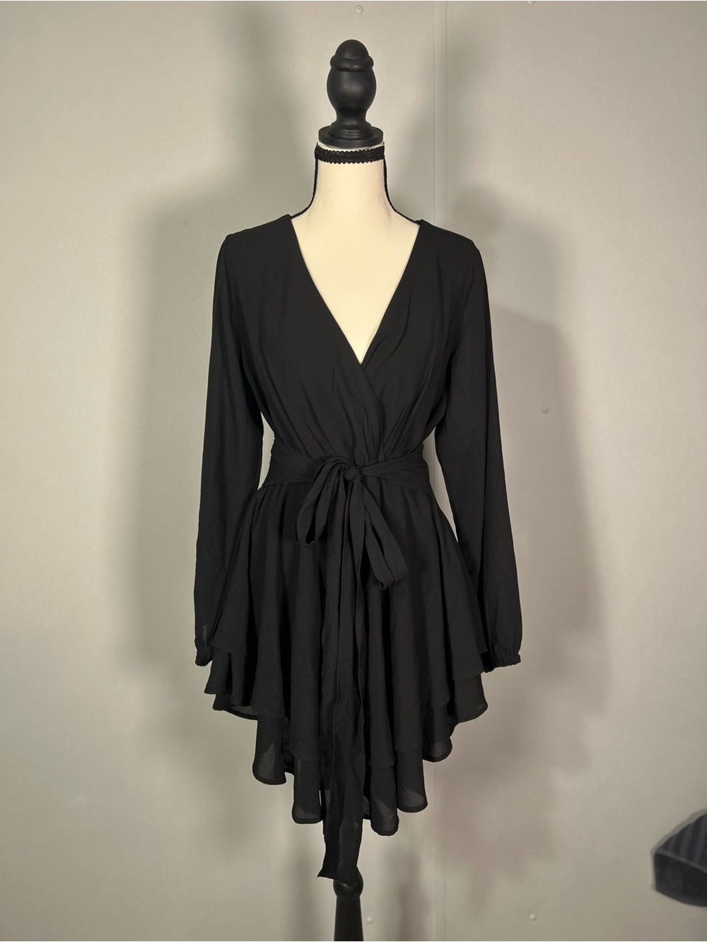 Black Long-Sleeve Wrap Mini Dress with Tie Waist